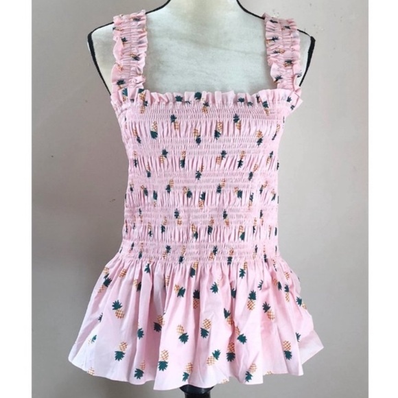 ♠️ Kate spade willow stretch poplin Pineapple 🍍 smock shirt ruffle tank Top XL - Picture 5 of 14